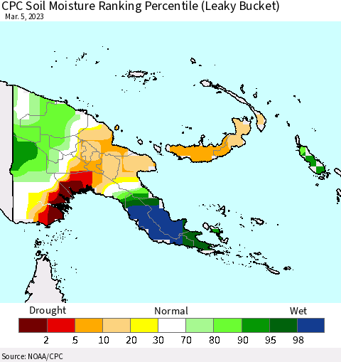 Papua New Guinea CPC Soil Moisture Ranking Percentile (Leaky Bucket) Thematic Map For 3/1/2023 - 3/5/2023