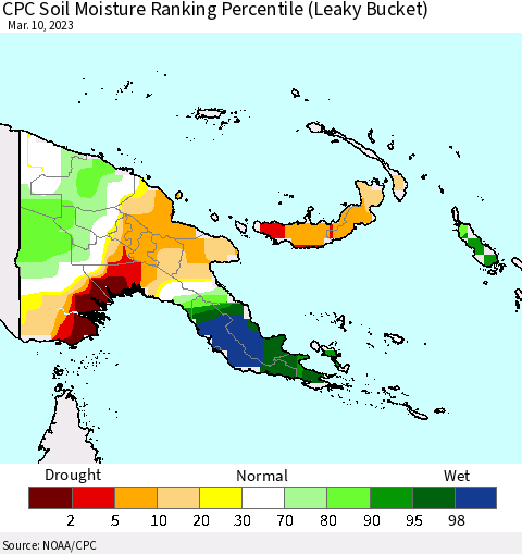 Papua New Guinea CPC Soil Moisture Ranking Percentile (Leaky Bucket) Thematic Map For 3/6/2023 - 3/10/2023