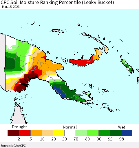 Papua New Guinea CPC Soil Moisture Ranking Percentile (Leaky Bucket) Thematic Map For 3/11/2023 - 3/15/2023