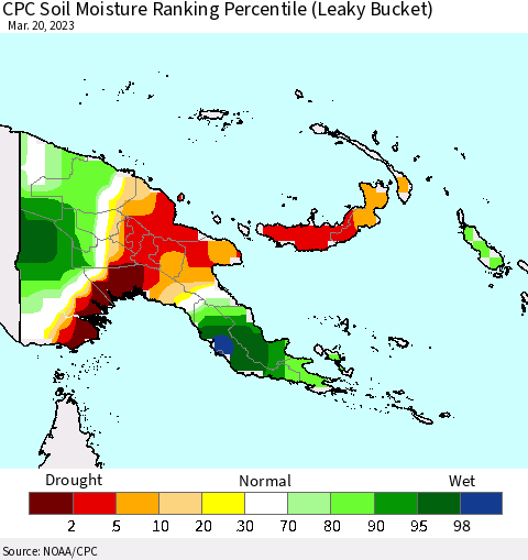Papua New Guinea CPC Soil Moisture Ranking Percentile (Leaky Bucket) Thematic Map For 3/16/2023 - 3/20/2023