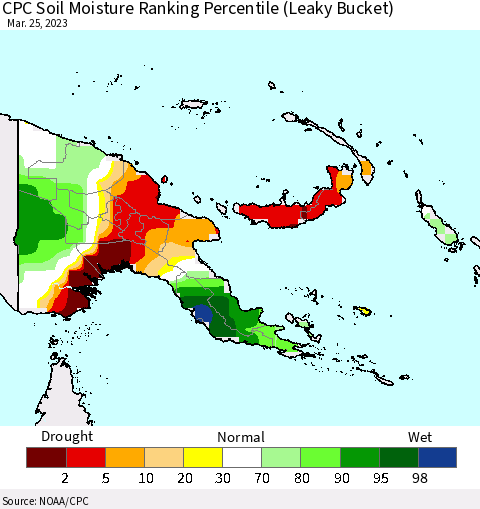 Papua New Guinea CPC Soil Moisture Ranking Percentile (Leaky Bucket) Thematic Map For 3/21/2023 - 3/25/2023