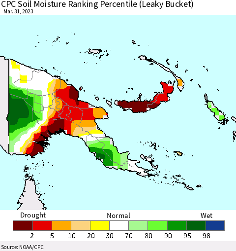 Papua New Guinea CPC Soil Moisture Ranking Percentile (Leaky Bucket) Thematic Map For 3/26/2023 - 3/31/2023