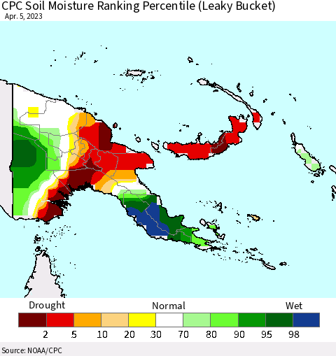 Papua New Guinea CPC Soil Moisture Ranking Percentile (Leaky Bucket) Thematic Map For 4/1/2023 - 4/5/2023