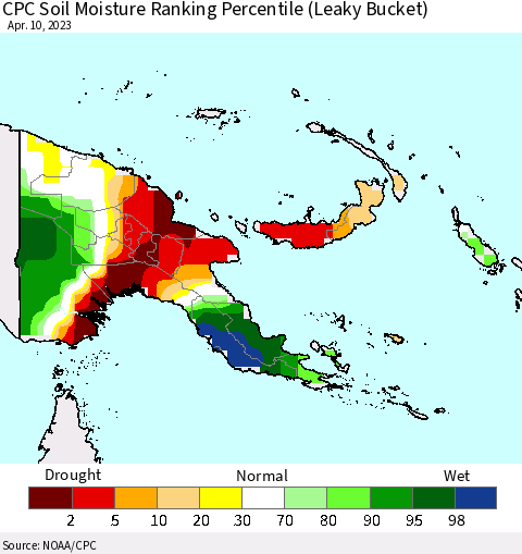 Papua New Guinea CPC Soil Moisture Ranking Percentile (Leaky Bucket) Thematic Map For 4/6/2023 - 4/10/2023