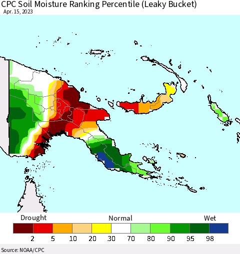 Papua New Guinea CPC Soil Moisture Ranking Percentile (Leaky Bucket) Thematic Map For 4/11/2023 - 4/15/2023