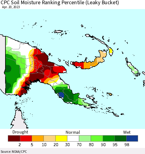 Papua New Guinea CPC Soil Moisture Ranking Percentile (Leaky Bucket) Thematic Map For 4/16/2023 - 4/20/2023