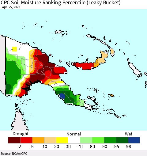 Papua New Guinea CPC Soil Moisture Ranking Percentile (Leaky Bucket) Thematic Map For 4/21/2023 - 4/25/2023