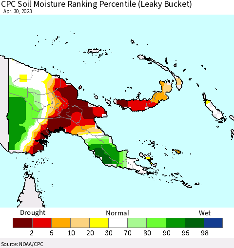 Papua New Guinea CPC Soil Moisture Ranking Percentile (Leaky Bucket) Thematic Map For 4/26/2023 - 4/30/2023