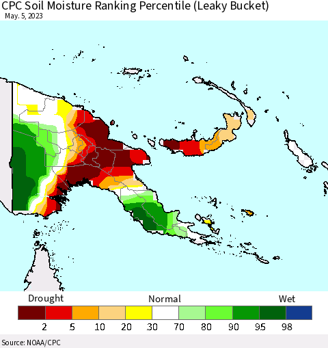 Papua New Guinea CPC Soil Moisture Ranking Percentile (Leaky Bucket) Thematic Map For 5/1/2023 - 5/5/2023