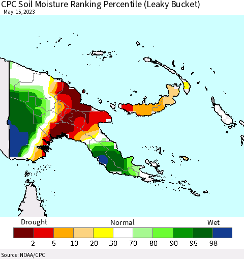 Papua New Guinea CPC Soil Moisture Ranking Percentile (Leaky Bucket) Thematic Map For 5/11/2023 - 5/15/2023