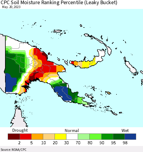 Papua New Guinea CPC Soil Moisture Ranking Percentile (Leaky Bucket) Thematic Map For 5/16/2023 - 5/20/2023