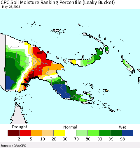Papua New Guinea CPC Soil Moisture Ranking Percentile (Leaky Bucket) Thematic Map For 5/21/2023 - 5/25/2023