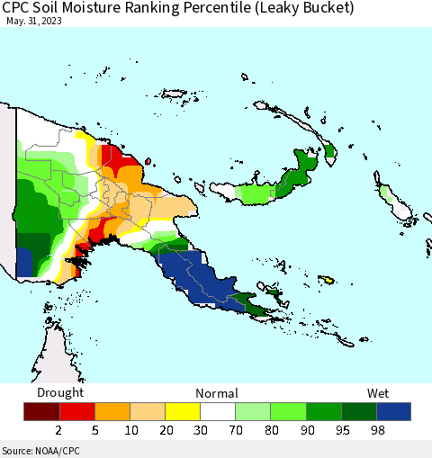 Papua New Guinea CPC Soil Moisture Ranking Percentile (Leaky Bucket) Thematic Map For 5/26/2023 - 5/31/2023
