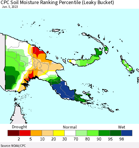 Papua New Guinea CPC Soil Moisture Ranking Percentile (Leaky Bucket) Thematic Map For 6/1/2023 - 6/5/2023