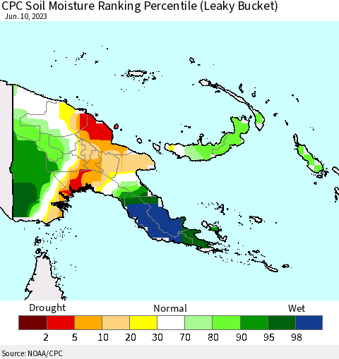 Papua New Guinea CPC Soil Moisture Ranking Percentile (Leaky Bucket) Thematic Map For 6/6/2023 - 6/10/2023