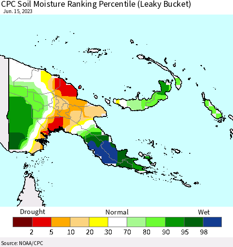 Papua New Guinea CPC Soil Moisture Ranking Percentile (Leaky Bucket) Thematic Map For 6/11/2023 - 6/15/2023