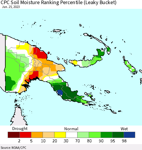 Papua New Guinea CPC Soil Moisture Ranking Percentile (Leaky Bucket) Thematic Map For 6/21/2023 - 6/25/2023