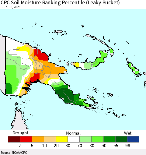 Papua New Guinea CPC Soil Moisture Ranking Percentile (Leaky Bucket) Thematic Map For 6/26/2023 - 6/30/2023