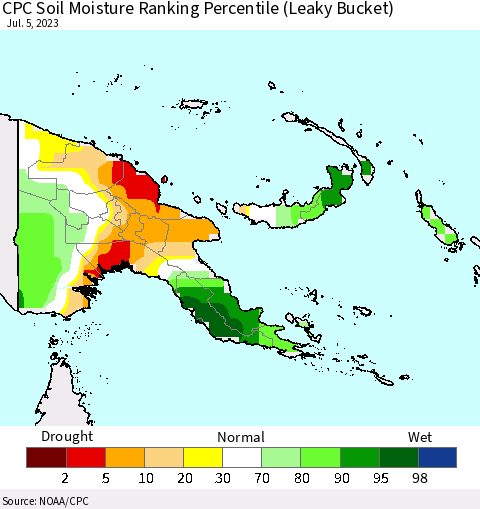 Papua New Guinea CPC Soil Moisture Ranking Percentile (Leaky Bucket) Thematic Map For 7/1/2023 - 7/5/2023