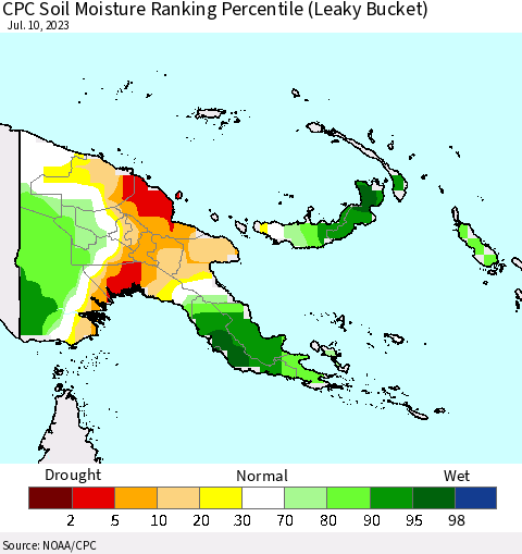 Papua New Guinea CPC Soil Moisture Ranking Percentile (Leaky Bucket) Thematic Map For 7/6/2023 - 7/10/2023