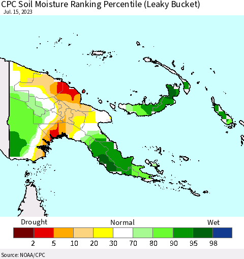 Papua New Guinea CPC Soil Moisture Ranking Percentile (Leaky Bucket) Thematic Map For 7/11/2023 - 7/15/2023