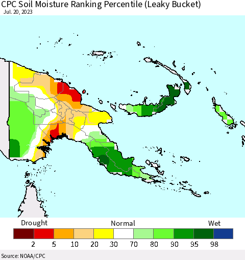 Papua New Guinea CPC Soil Moisture Ranking Percentile (Leaky Bucket) Thematic Map For 7/16/2023 - 7/20/2023