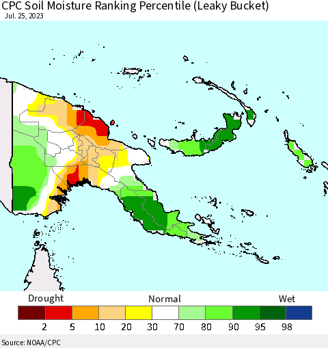 Papua New Guinea CPC Soil Moisture Ranking Percentile (Leaky Bucket) Thematic Map For 7/21/2023 - 7/25/2023
