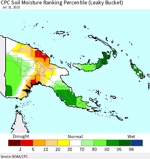 Papua New Guinea CPC Soil Moisture Ranking Percentile (Leaky Bucket) Thematic Map For 7/26/2023 - 7/31/2023