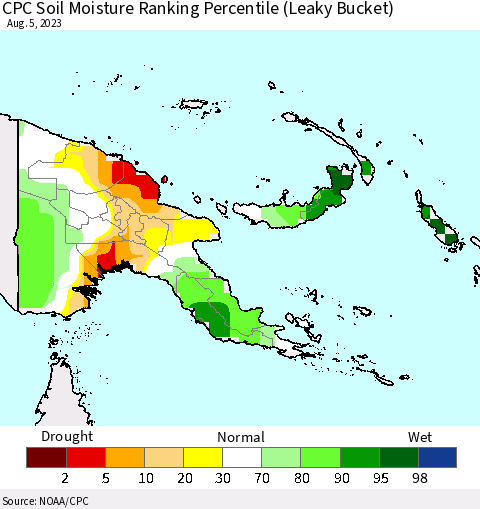 Papua New Guinea CPC Soil Moisture Ranking Percentile (Leaky Bucket) Thematic Map For 8/1/2023 - 8/5/2023