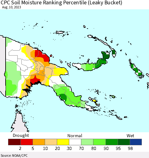 Papua New Guinea CPC Soil Moisture Ranking Percentile (Leaky Bucket) Thematic Map For 8/6/2023 - 8/10/2023