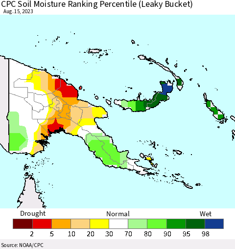 Papua New Guinea CPC Soil Moisture Ranking Percentile (Leaky Bucket) Thematic Map For 8/11/2023 - 8/15/2023