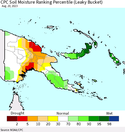 Papua New Guinea CPC Soil Moisture Ranking Percentile (Leaky Bucket) Thematic Map For 8/16/2023 - 8/20/2023