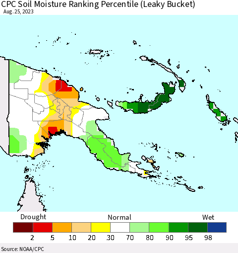 Papua New Guinea CPC Soil Moisture Ranking Percentile (Leaky Bucket) Thematic Map For 8/21/2023 - 8/25/2023