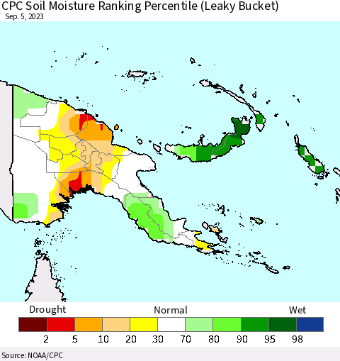 Papua New Guinea CPC Soil Moisture Ranking Percentile (Leaky Bucket) Thematic Map For 9/1/2023 - 9/5/2023