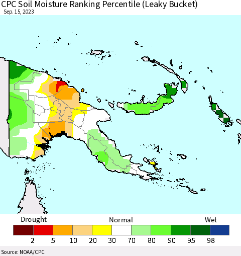 Papua New Guinea CPC Soil Moisture Ranking Percentile (Leaky Bucket) Thematic Map For 9/11/2023 - 9/15/2023