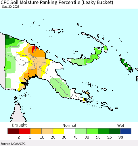 Papua New Guinea CPC Soil Moisture Ranking Percentile (Leaky Bucket) Thematic Map For 9/16/2023 - 9/20/2023