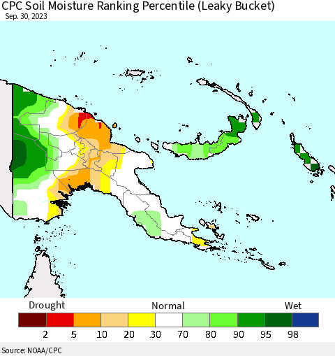 Papua New Guinea CPC Soil Moisture Ranking Percentile (Leaky Bucket) Thematic Map For 9/26/2023 - 9/30/2023
