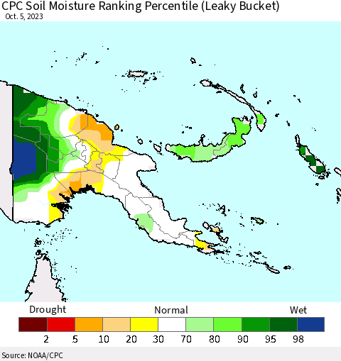 Papua New Guinea CPC Soil Moisture Ranking Percentile (Leaky Bucket) Thematic Map For 10/1/2023 - 10/5/2023