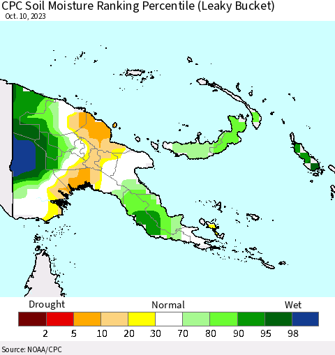 Papua New Guinea CPC Soil Moisture Ranking Percentile (Leaky Bucket) Thematic Map For 10/6/2023 - 10/10/2023