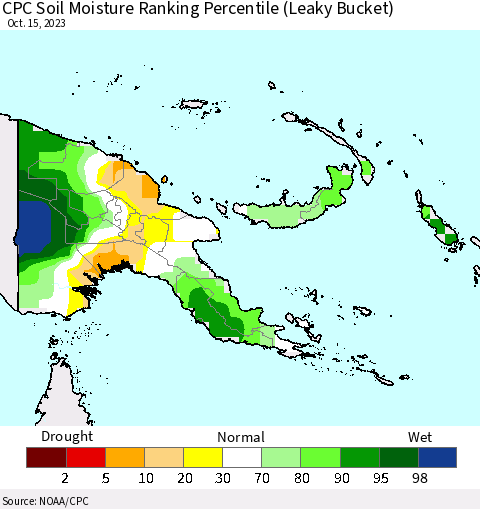 Papua New Guinea CPC Soil Moisture Ranking Percentile (Leaky Bucket) Thematic Map For 10/11/2023 - 10/15/2023