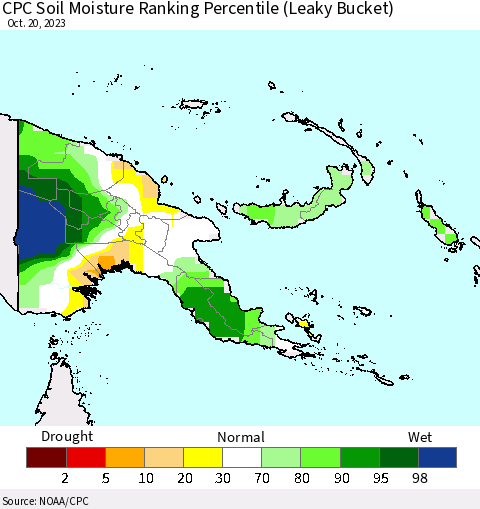 Papua New Guinea CPC Soil Moisture Ranking Percentile (Leaky Bucket) Thematic Map For 10/16/2023 - 10/20/2023