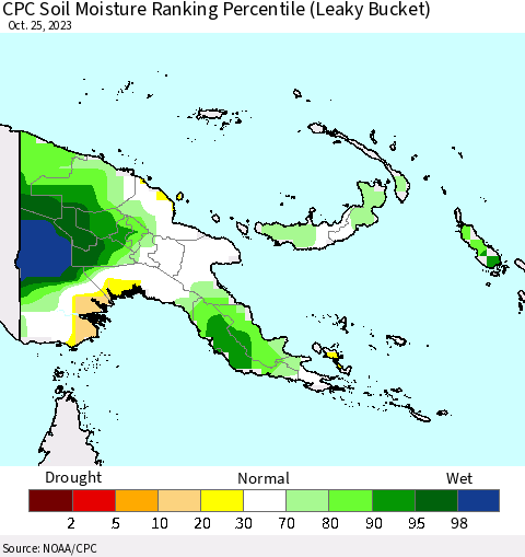 Papua New Guinea CPC Soil Moisture Ranking Percentile (Leaky Bucket) Thematic Map For 10/21/2023 - 10/25/2023