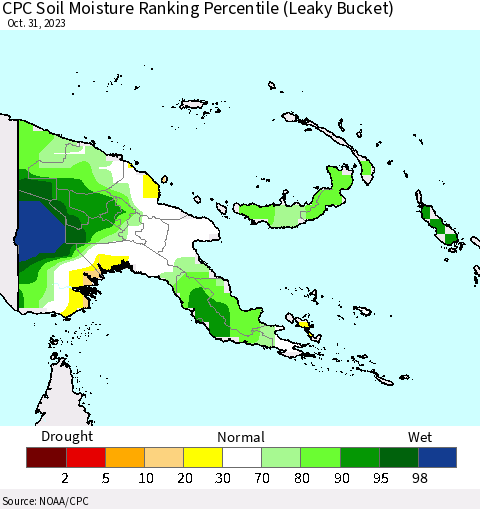 Papua New Guinea CPC Soil Moisture Ranking Percentile (Leaky Bucket) Thematic Map For 10/26/2023 - 10/31/2023