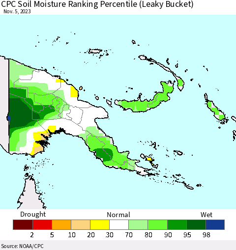 Papua New Guinea CPC Soil Moisture Ranking Percentile (Leaky Bucket) Thematic Map For 11/1/2023 - 11/5/2023