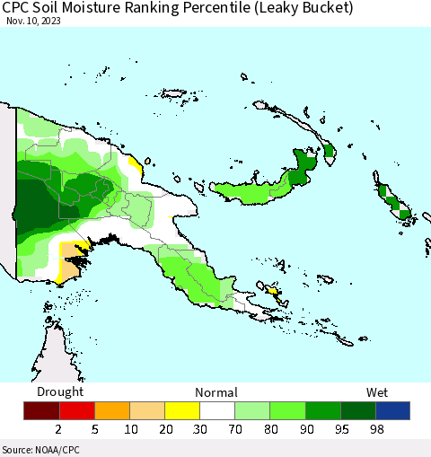 Papua New Guinea CPC Soil Moisture Ranking Percentile (Leaky Bucket) Thematic Map For 11/6/2023 - 11/10/2023