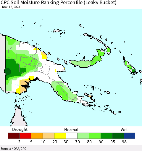 Papua New Guinea CPC Soil Moisture Ranking Percentile (Leaky Bucket) Thematic Map For 11/11/2023 - 11/15/2023