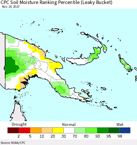 Papua New Guinea CPC Soil Moisture Ranking Percentile (Leaky Bucket) Thematic Map For 11/16/2023 - 11/20/2023