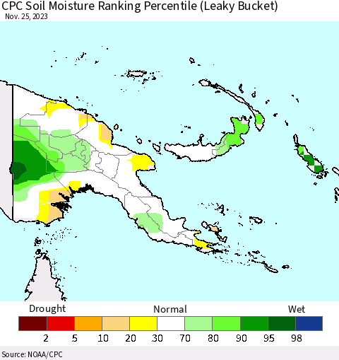 Papua New Guinea CPC Soil Moisture Ranking Percentile (Leaky Bucket) Thematic Map For 11/21/2023 - 11/25/2023