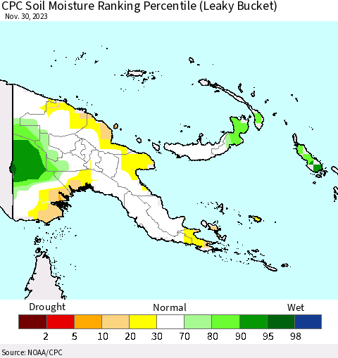 Papua New Guinea CPC Soil Moisture Ranking Percentile (Leaky Bucket) Thematic Map For 11/26/2023 - 11/30/2023