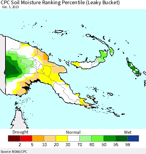 Papua New Guinea CPC Soil Moisture Ranking Percentile (Leaky Bucket) Thematic Map For 12/1/2023 - 12/5/2023